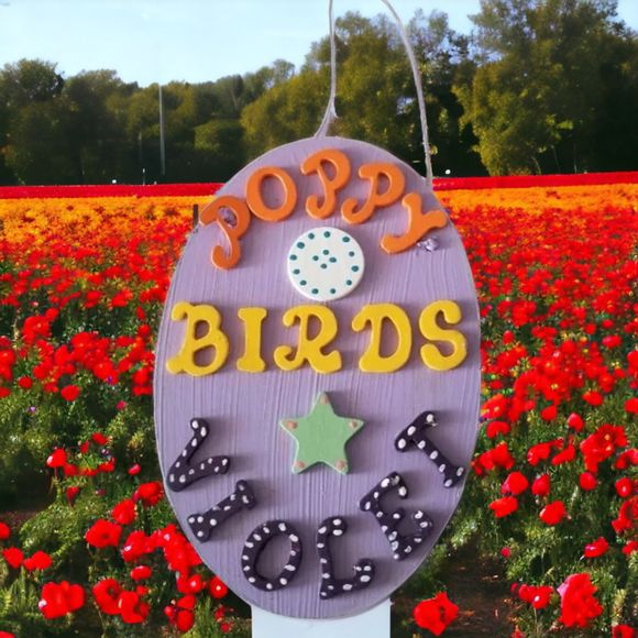 Handcrafted Wood Poppy Birds Violet Green Star Garden Yard Decor Sign - Picture 1 of 2